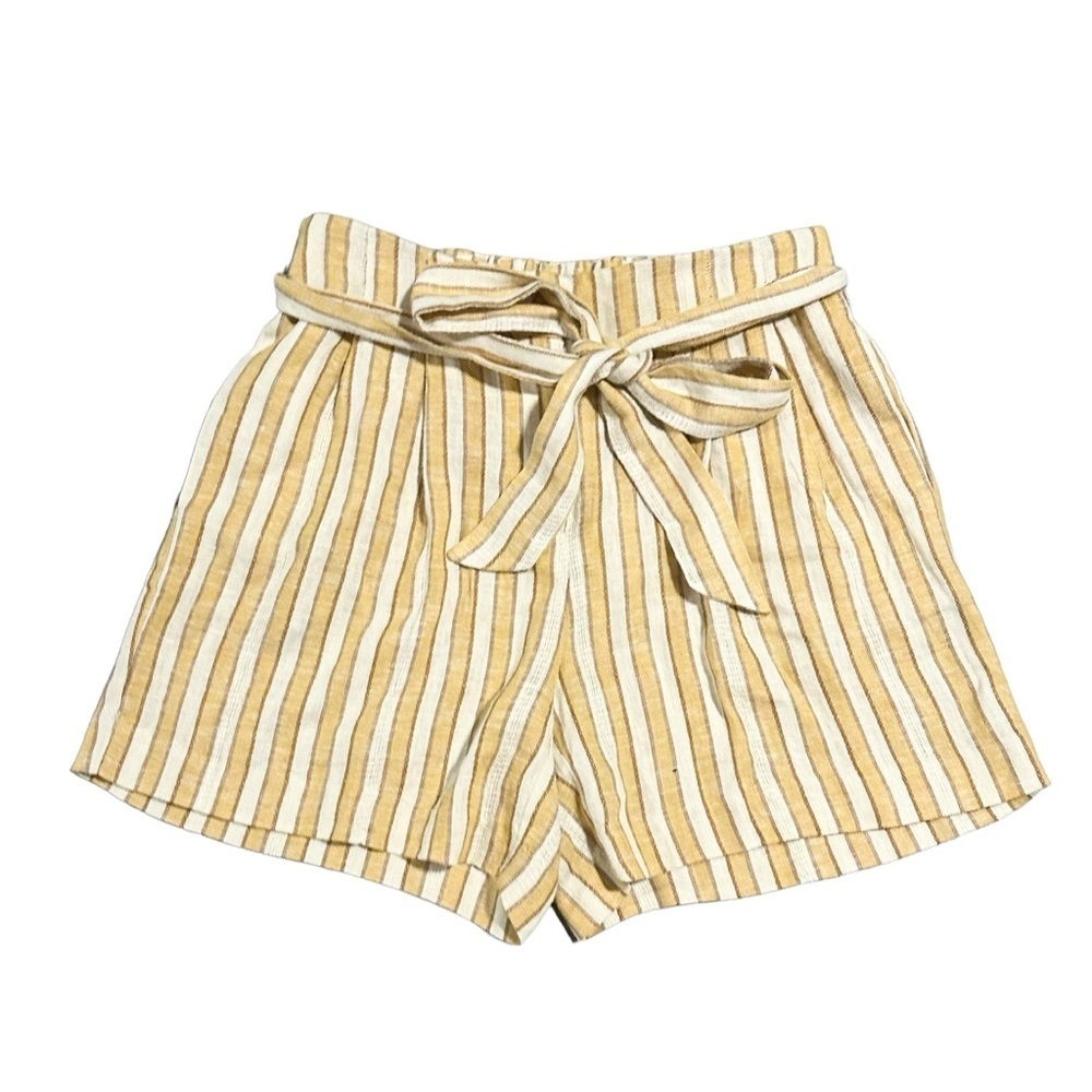Drew Mustard Ivory Stripe Linen Blend Belted Tie Waist High Rise Shorts S NWT